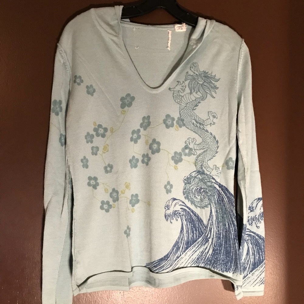 Blue wool hooded sweater with dragon/wave graphic